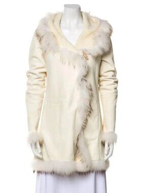 Nigel Preston & Knight White Suede Leather Sheepskin Hooded Fur Coat
